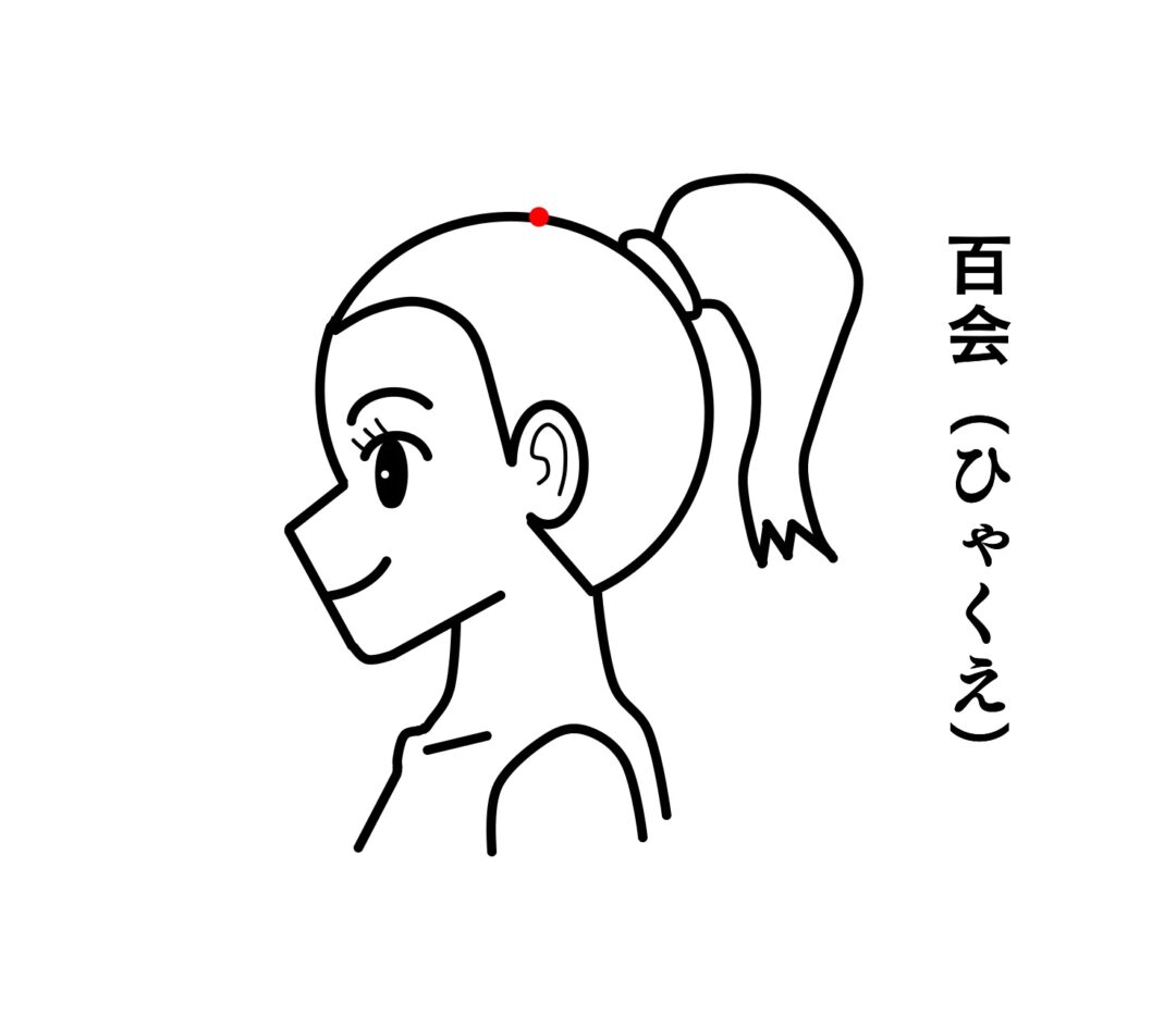 頭頂骨の位置を知る目安となる百会(ツボ)の位置。リラックス効果の有るツボです。