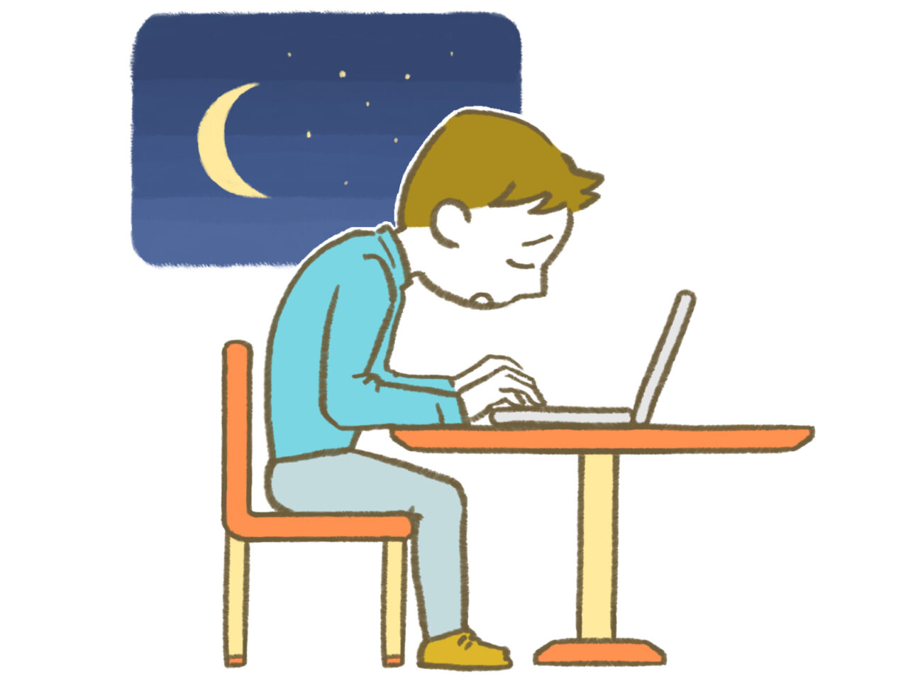不良姿勢で深夜までパソコンの操作をする男性。